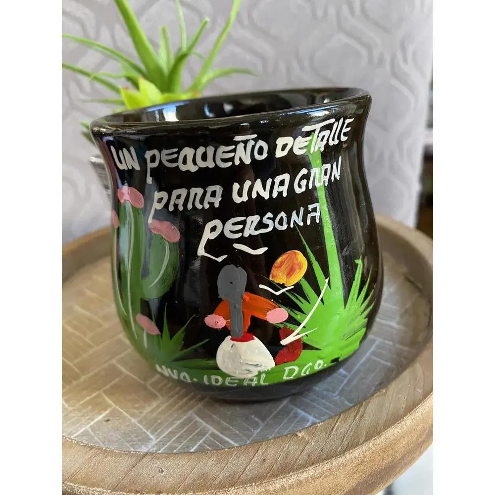 Hand-Painted Black Ceramic Mug with Spanish Inscription